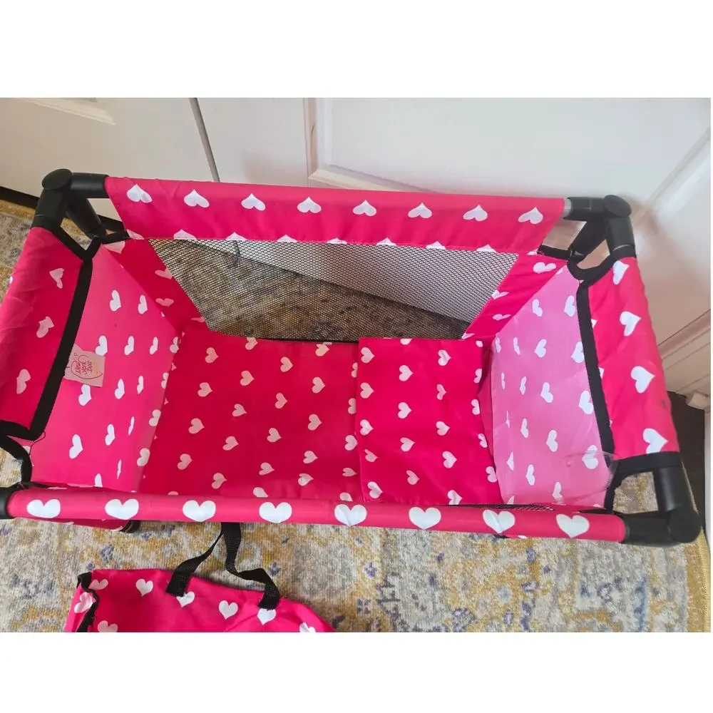 New York Doll Collection Fold N Store Doll Pack N Play Heart Pink Bed